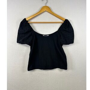 Vylette Black Puff Sleeve Square Neck Textured Top Women's Size L